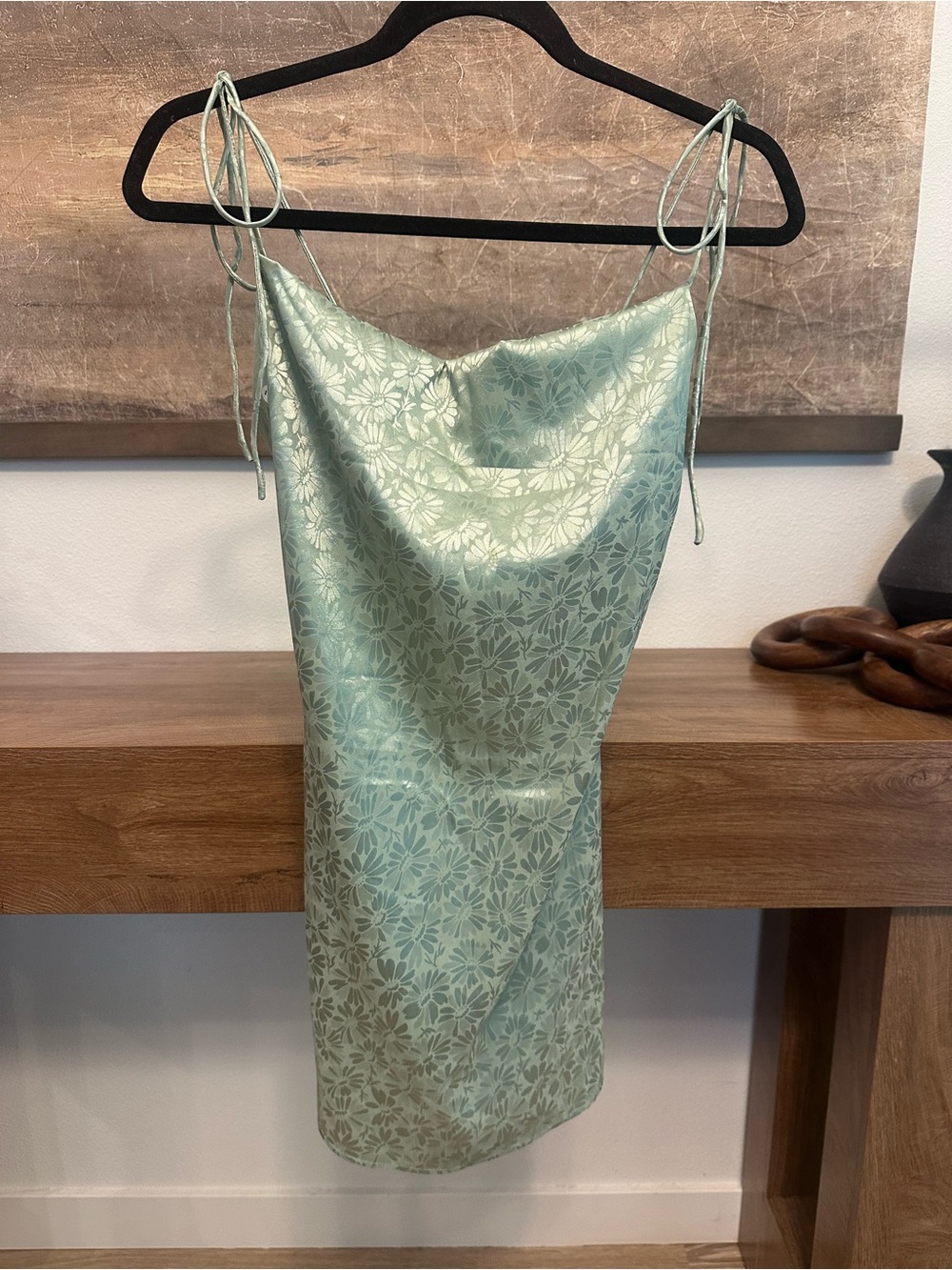 Cider green satin mini dress with light green floral pattern, size S